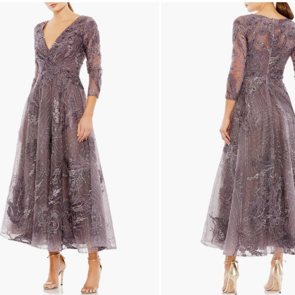 MAC DUGGAL 20336 EMBELLISHED WRAP OVER 3/4 SLEEVE AUBERGINE COCKTAIL DRESS sz 20 - Picture 5 of 5